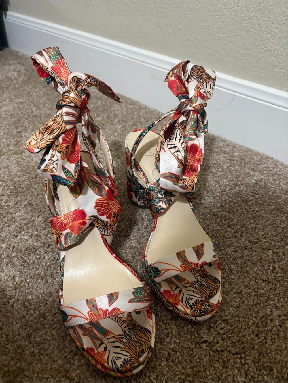 Jessica Simpson Floral Tie-Ankle Heeled Sandals in Cream, Red and Green